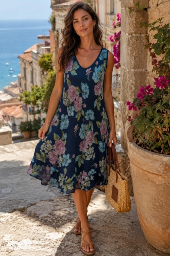 Sukienka midi granatowa boho w kwiaty na szerokich ramiączkach cięta ze skosu na lato Mascherino