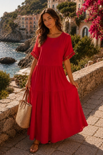 Sukienka maxi czerwona boho z chwostami na rękawach i podszewką Picena
