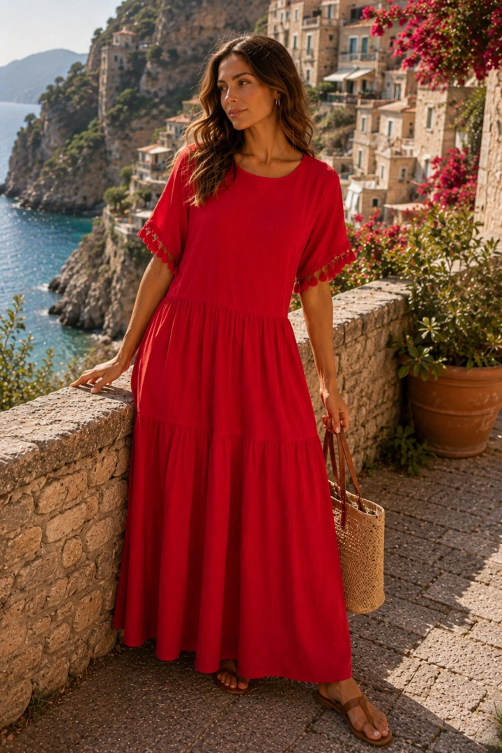 Bawełniana sukienka damska maxi czerwona w stylu boho Picena