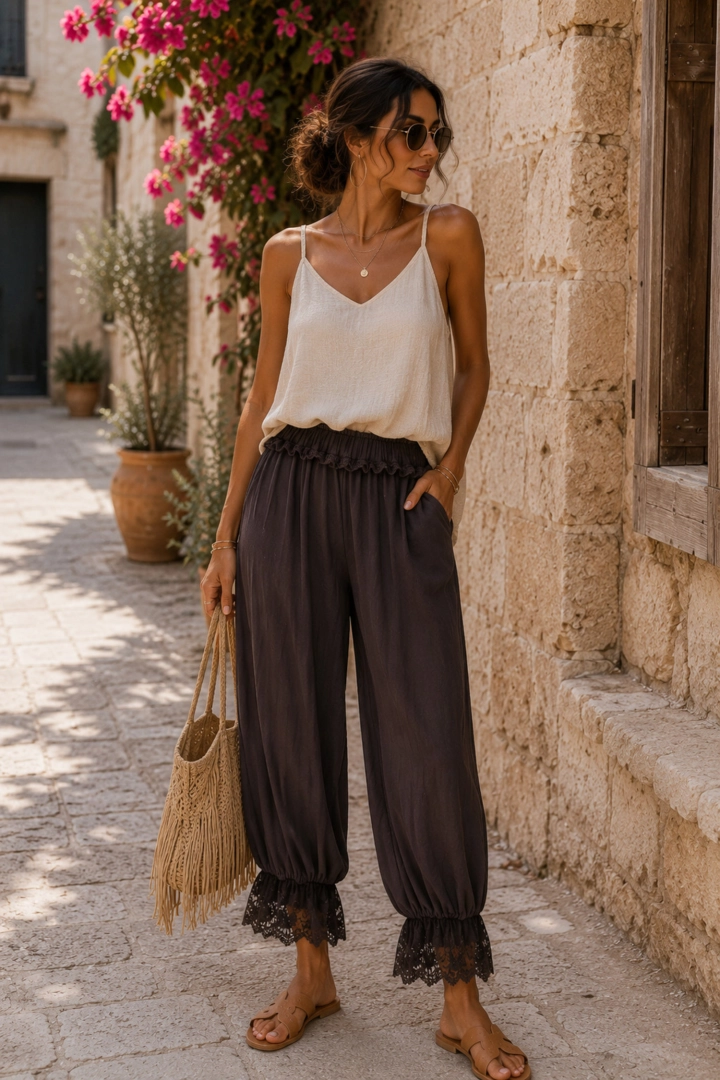 Spodnie haremki brązowe z koronką na dole i gumką w pasie Trivigliano