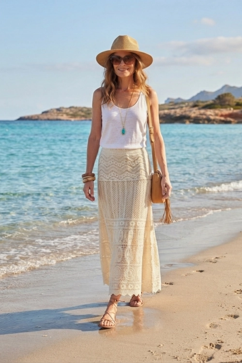 Spódnica damska midi beżowa ażurowa boho Ronzone