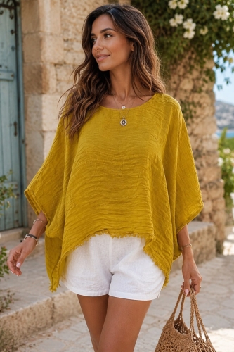 Bluzka damska lniana miodowa kimono oversize ze strzępionym wykończeniem Enguiso
