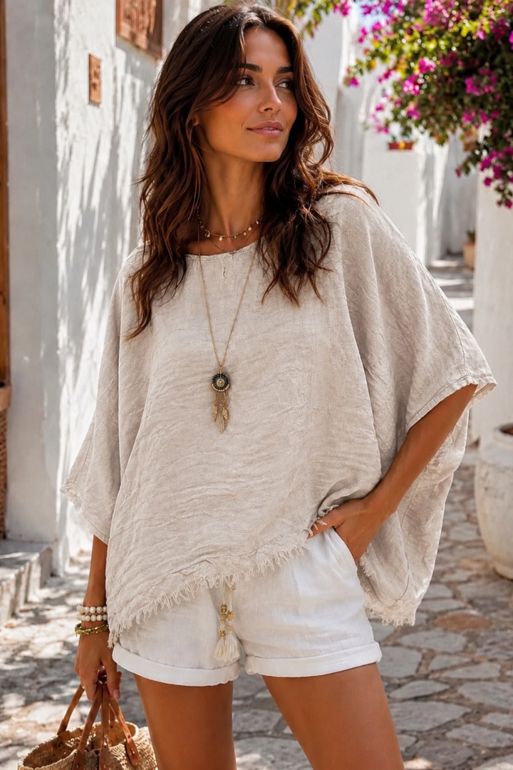 Bluzka damska beżowa z lnem oversize z rękawem kimono Enguiso