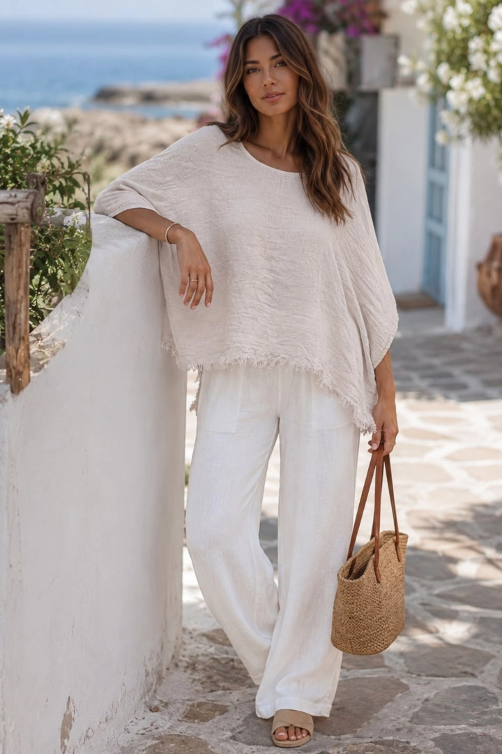 Bluzka kimono beżowa oversize ze strzępionym wykończeniem i lnem Enguiso