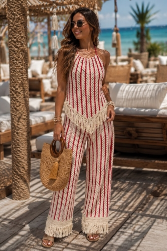 Bluzka boho z odkrytymi plecami w czerwone paski Nomaglio