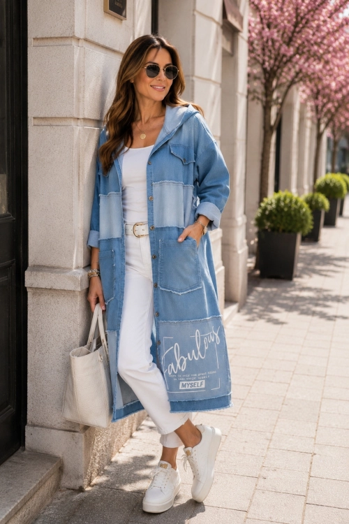 Długi jeansowy płaszcz damski light denim blue z kapturem i kieszeniami oversize Amorosia