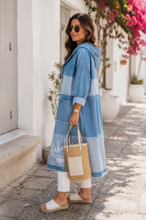 Jeansowa narzutka damska oversize jasnoniebieska z kapturem i nadrukiem streetwear  Amorosia
