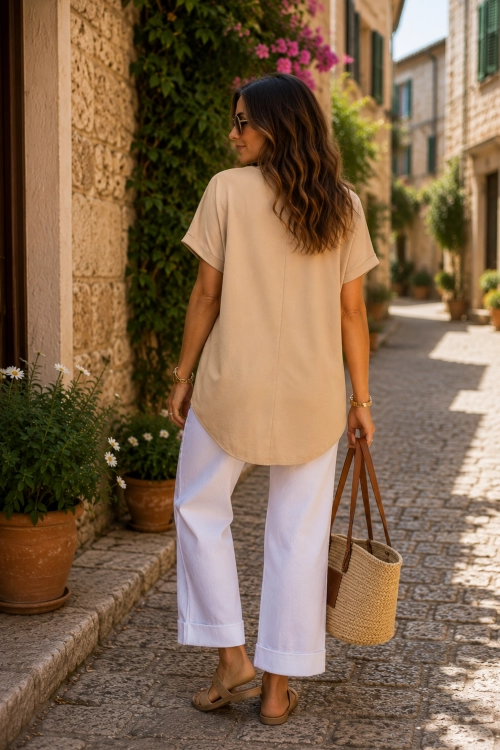 Ciemnobeżowa tunika oversize asymetryczna V neck Palmoria