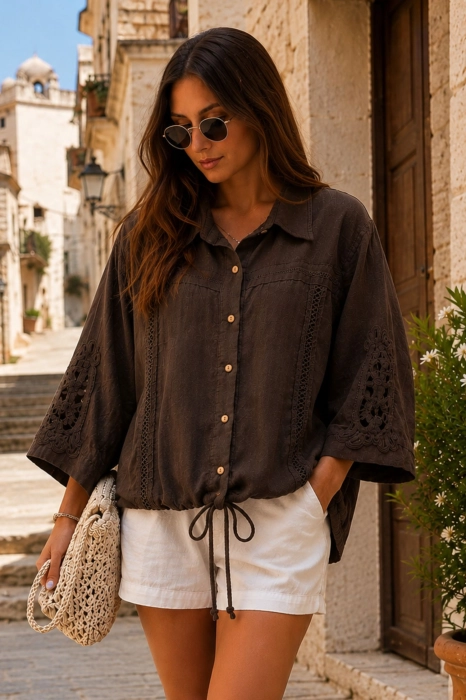 Brązowa koszula lniana damska oversize z kołnierzykiem Capovalle