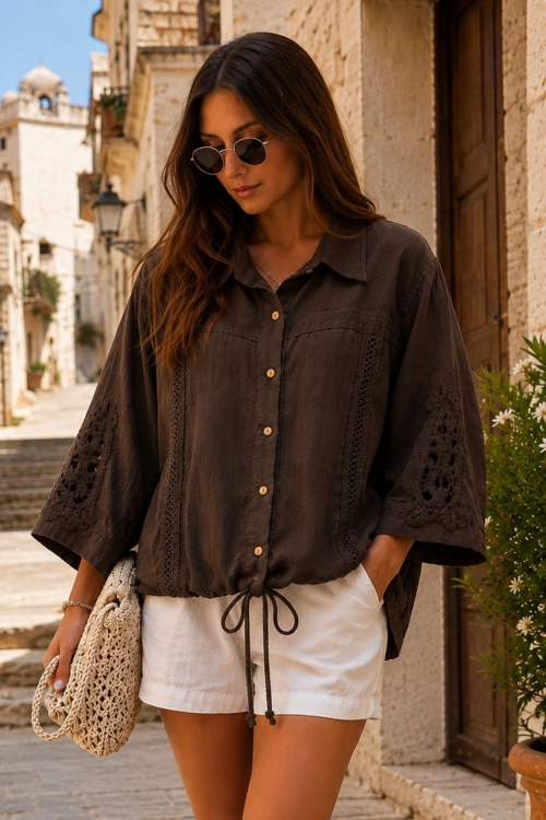 Brązowa koszula lniana damska oversize z kołnierzykiem Capovalle