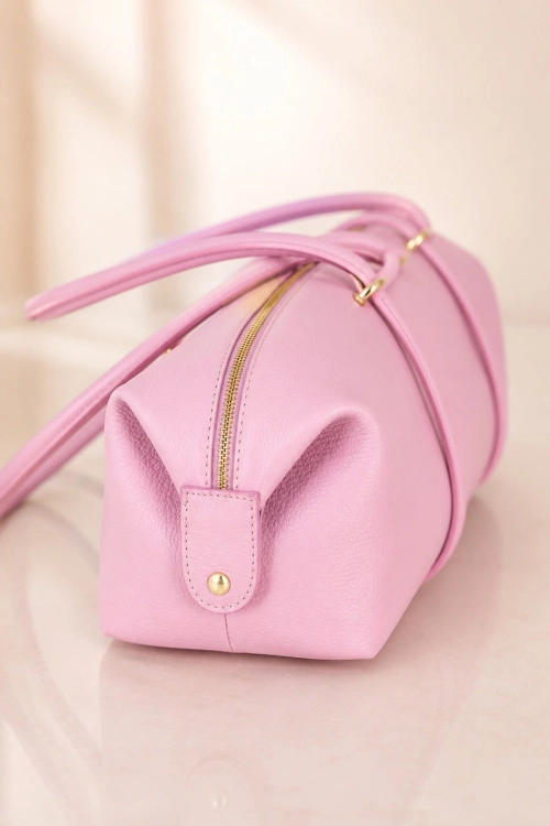 Torebka damska skórzana pudrowa różowa typu bowling bag elegancka na suwak Lerrone