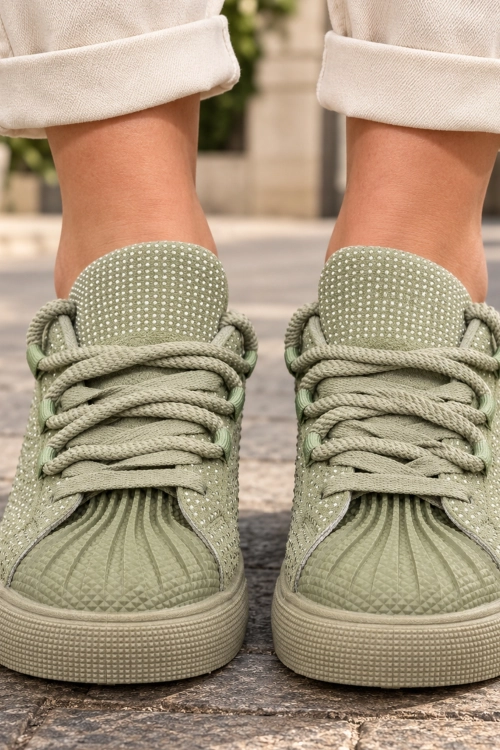 Sneakersy damskie szałwiowe eleganckie z ozdobnym wykończeniem i płaską podeszwą Massimino