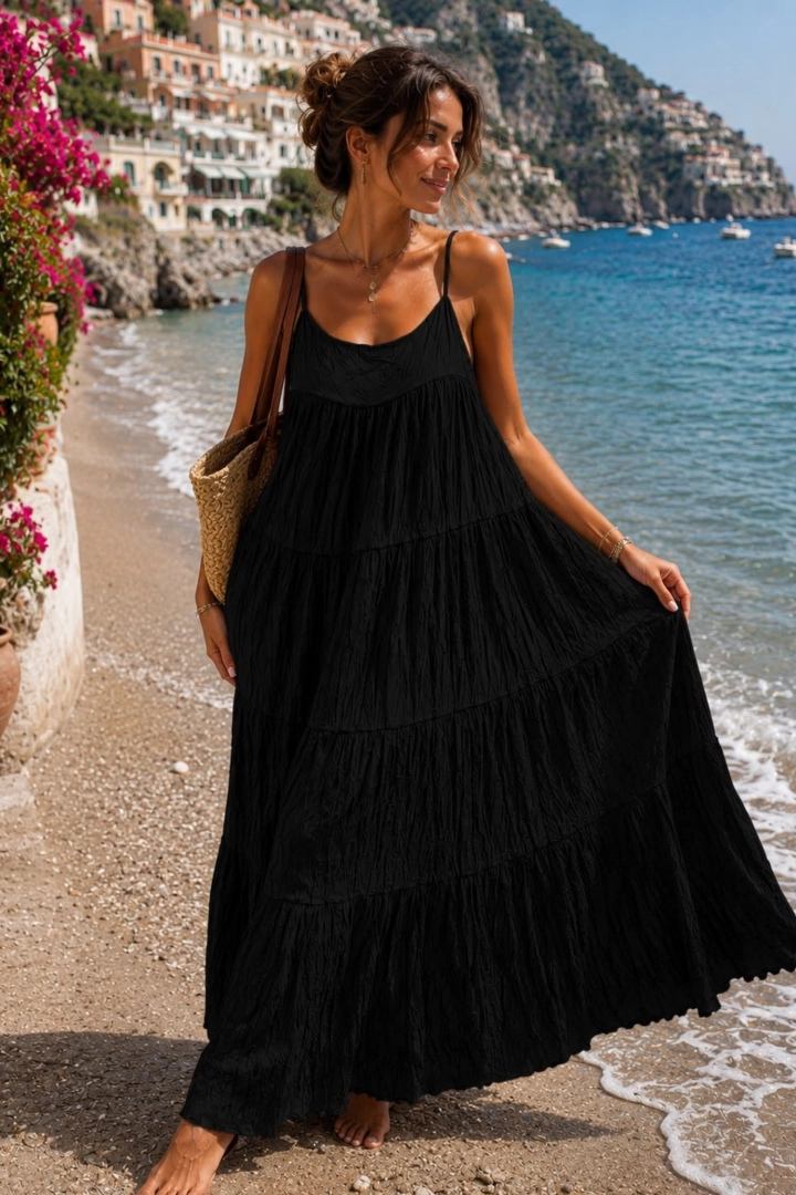 Sukienka maxi czarna 100% wiskoza gnieciony materiał wiązane ramiączka luźny fason boho Rialto