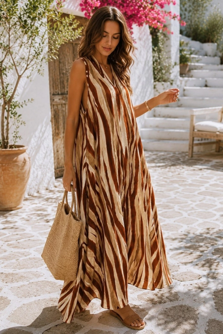Sukienka cynamonowa maxi z wiskozy w zebrę na szerokich ramiączkach Rocchetola