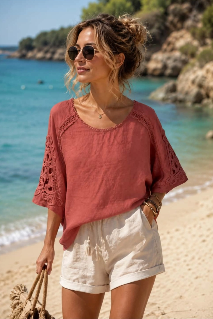 Bluzka lniana damska róż indyjski z ażurowymi wstawkami okrągłym dekoltem i rękawem kimono boho Tricesimo