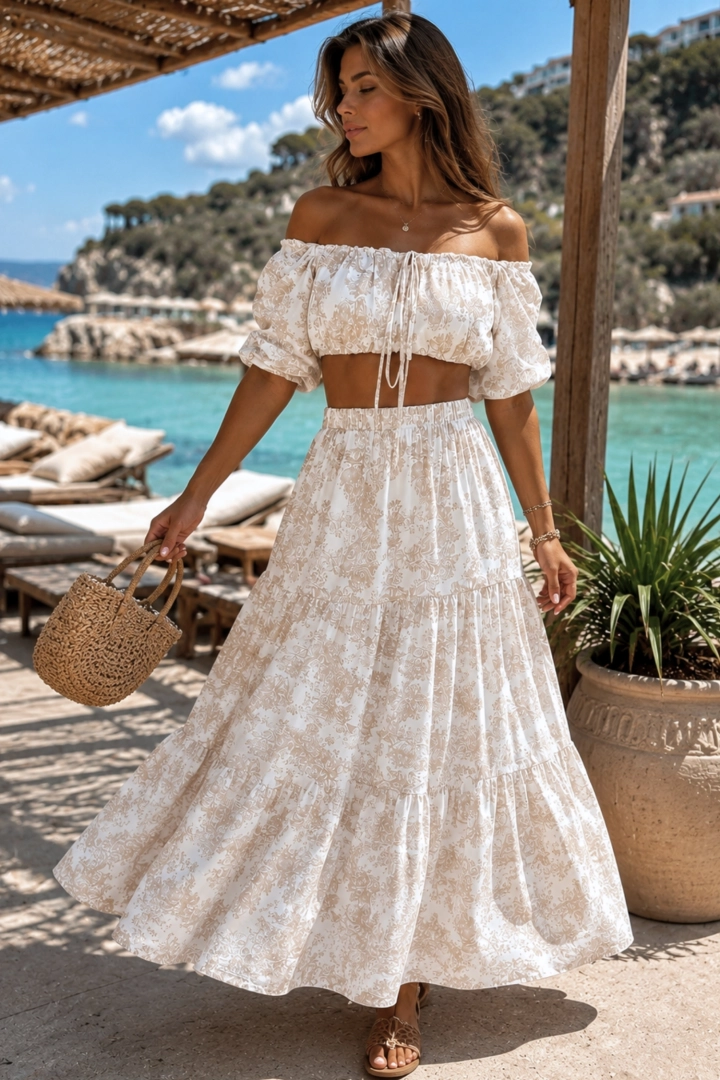 Komplet boho damski beżowy z crop topem off shoulder i rozkloszowaną spódnicą maxi na lato Pralormo