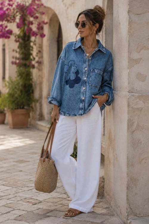Jeansowa kurtka damska oversize denim blue z aplikacją kwiatową Brenta