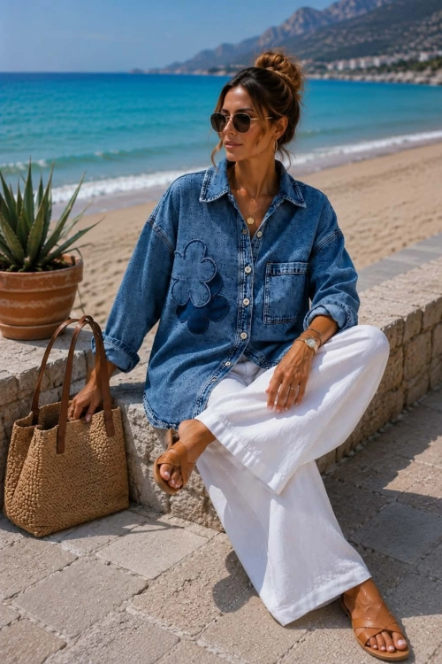 Kurtka denim blue damska z dużą aplikacją kwiatową i guzikami Brenta
