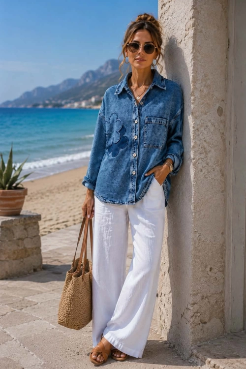 Jeansowa damska kurtka denim blue oversize z dużym kwiatem zapinana na guziki Brenta