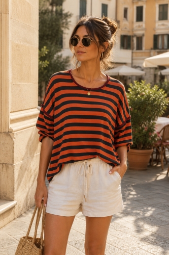 Bluzka oversize ruda w szerokie czarne paski Sovizzo