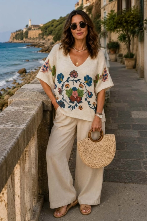 Bluzka beżowa w kwiaty niebieskie oversize z V neck Plesio