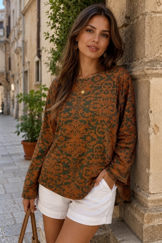 Bluzka khaki bawełniana z eleganckim ornamentem Sandrigo