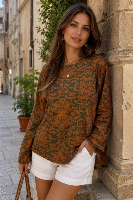 Bluzka khaki bawełniana z eleganckim ornamentem Sandrigo
