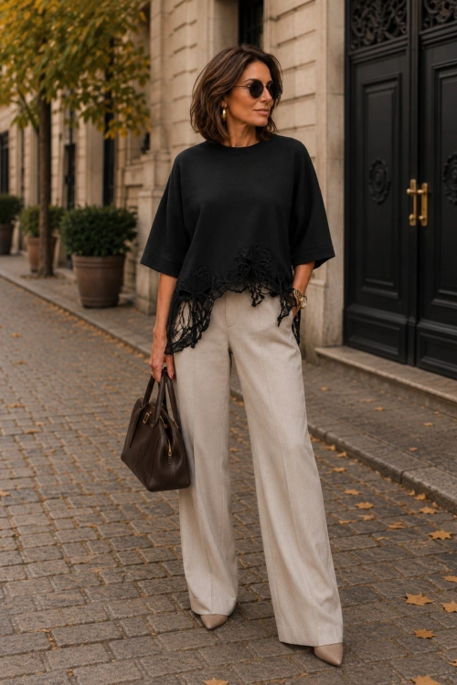 Bluzka czarna casual oversize z gipiurą Trissinola
