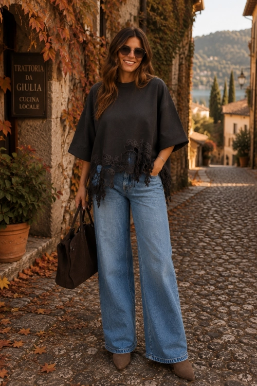 Bluzka brązowa casual oversize z gipiurą Trissinola
