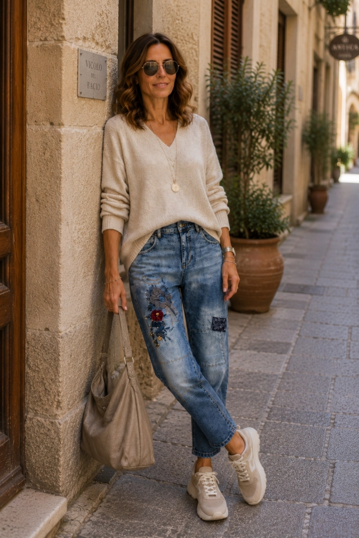 Denim blue spodnie slim fit kwiaty cekiny naszywki Turate