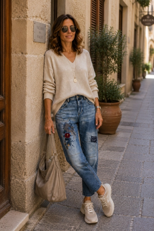 Denim blue spodnie slim fit kwiaty cekiny naszywki Turate