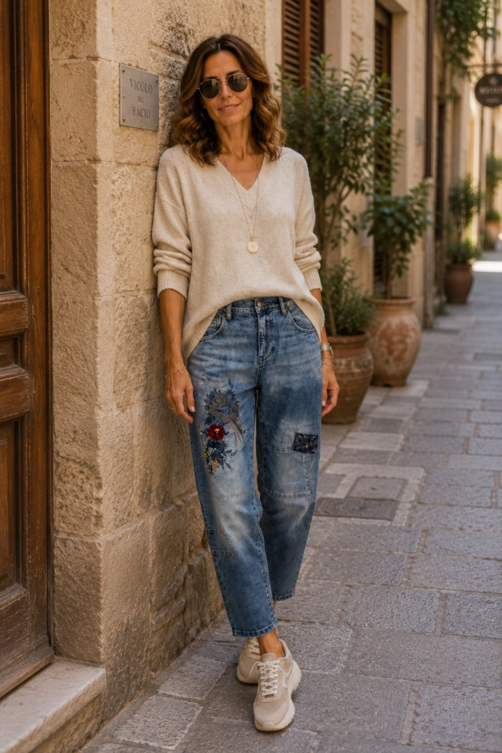 Spodnie slim fit jeans denim blue kwiaty cekiny naszywki Turate
