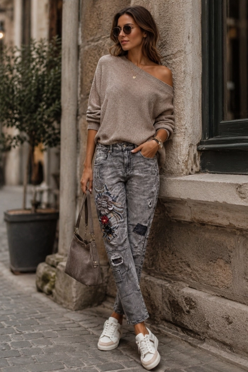 Jeansy damskie grafitowe regular fit z kwiatowym zdobieniem, cekinami i efektem vintage Castelveccana