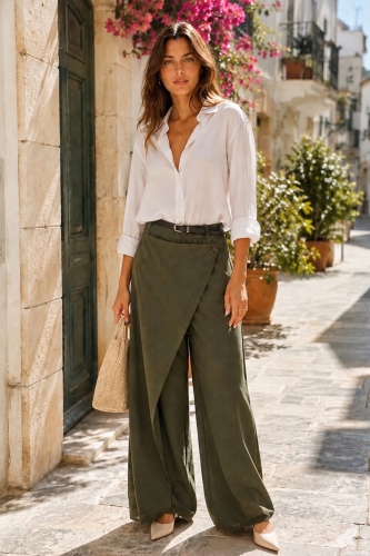 Spodnie khaki wide leg z kopertowym przodem wysokim stanem i gumką w pasie Salasco