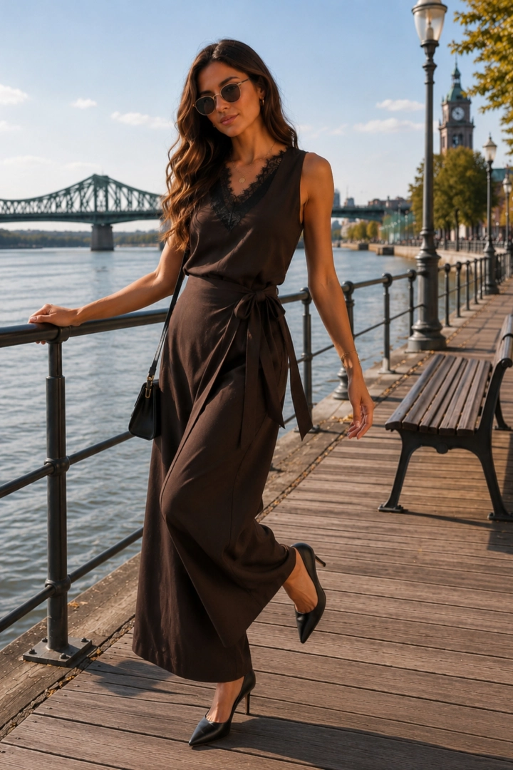 Spodnie damskie brązowe palazzo z kopertową zakładką wysokim stanem i wiązaniem Comerio