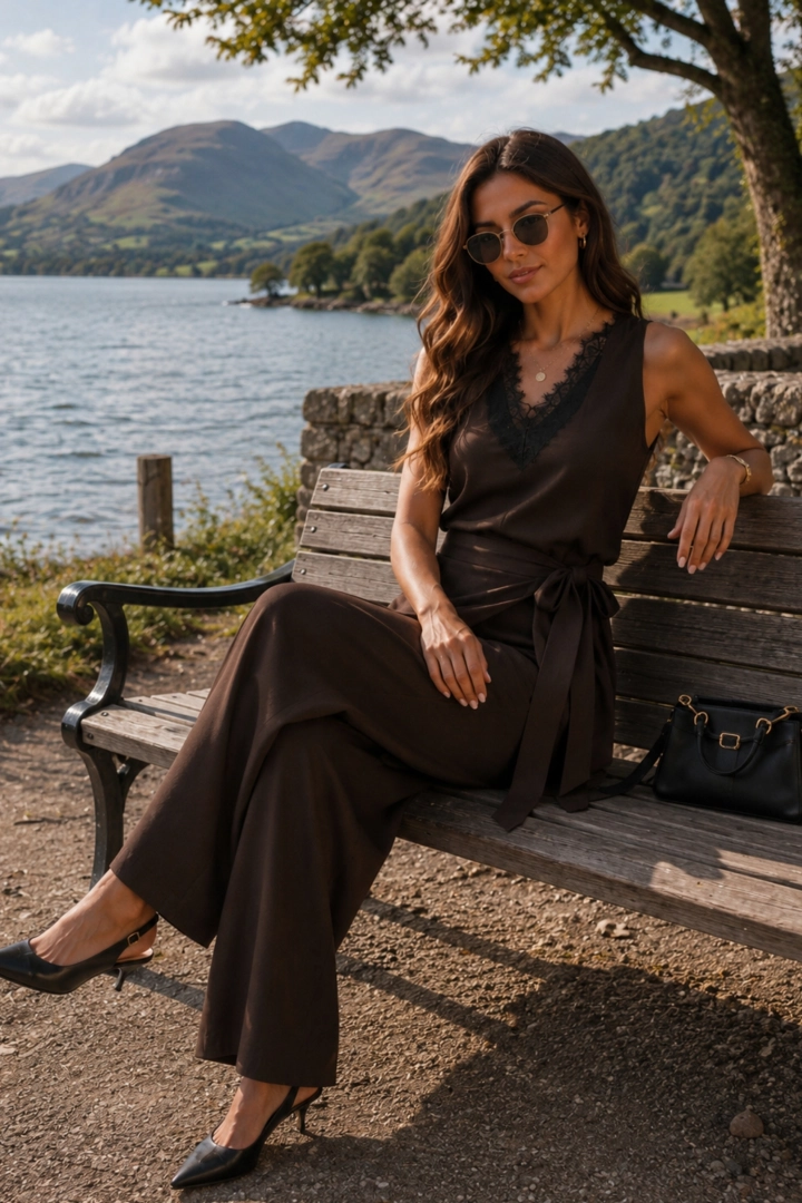 Spodnie damskie brązowe wide leg z kopertową zakładką, wiązaniem w pasie i eleganckim fasonem Comerio