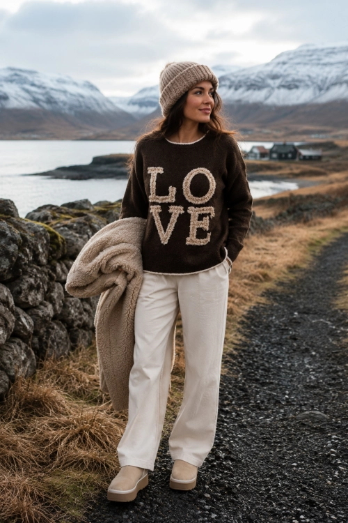 Sweter damski brązowy dzianinowy z ozdobnym napisem LOVE i kokardkami na plecach Germignaga