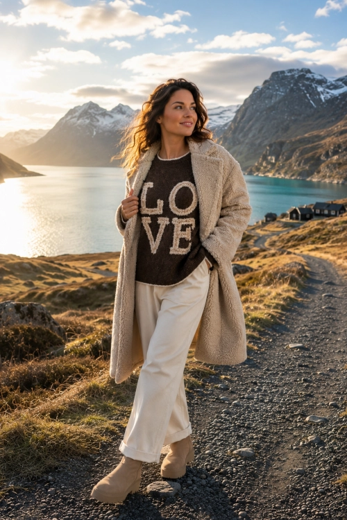 Sweter damski brązowy oversize z napisem LOVE oraz ozdobnymi wiązaniami na plecach Germignaga