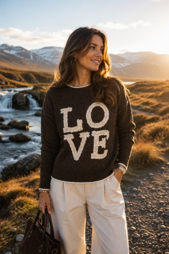 Sweter damski brązowy casual z napisem LOVE i ozdobnymi kokardkami na plecach Germignaga