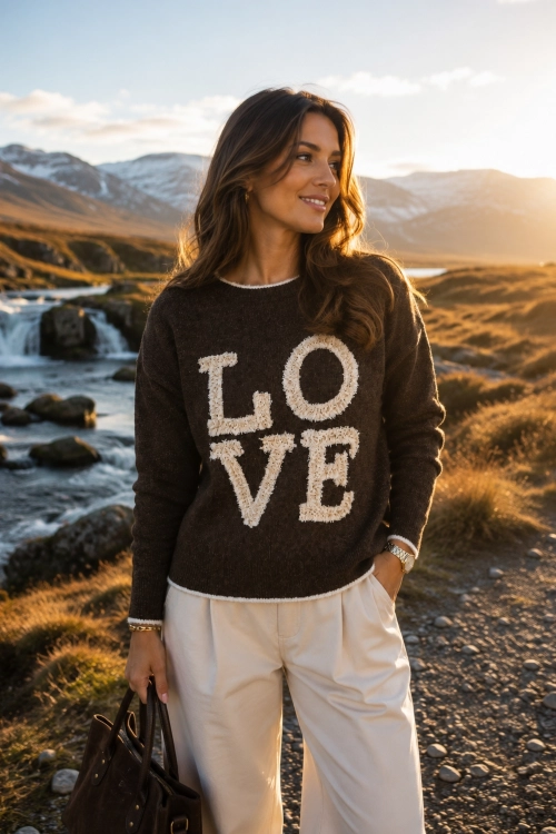 Sweter damski brązowy casual z napisem LOVE i ozdobnymi kokardkami na plecach Germignaga