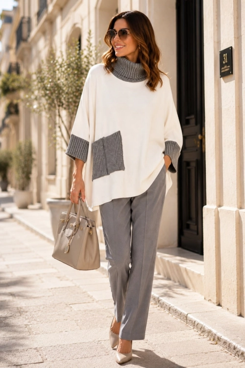 Elegancki sweter oversize ecru z kontrastowymi wykończeniami Marbella