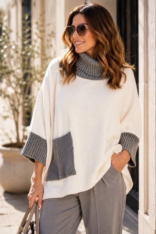 Sweter oversize ecru z kontrastowym golfem i naszywaną kieszenią Marbella