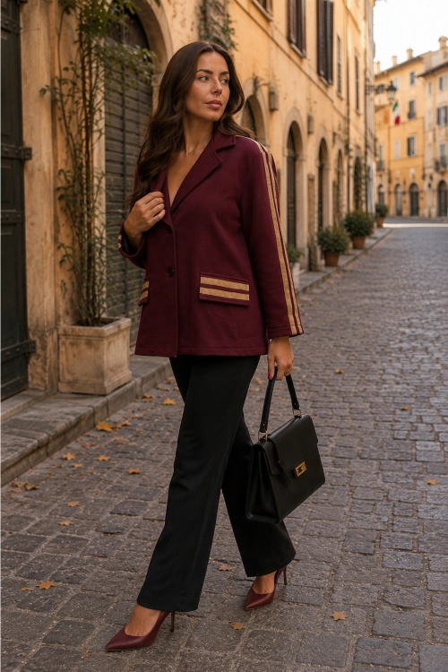 Bordowa marynarka smart casual z ozdobnymi patkami i lampasami Scisciano