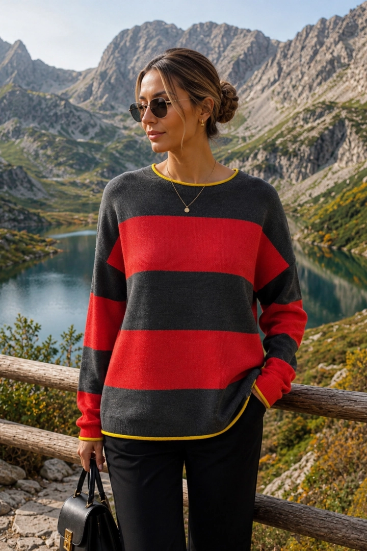 Sweter damski grafitowo czerwony w szerokie paski z okrągłym dekoltem i długim rękawem Casalzuigno