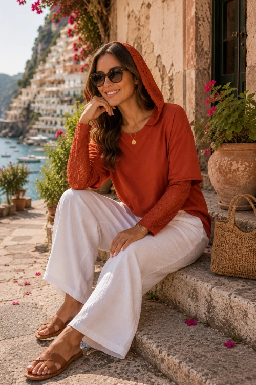 Elegancka bluza damska ruda oversize z koronkowymi detalami na kapturze i rękawach Quavelina
