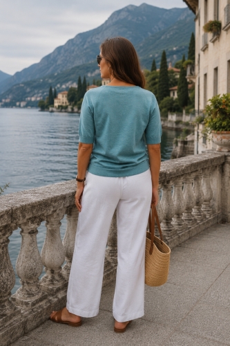 Niebieska bluzka dzianinowa V neck krótki rękaw casual Crodo