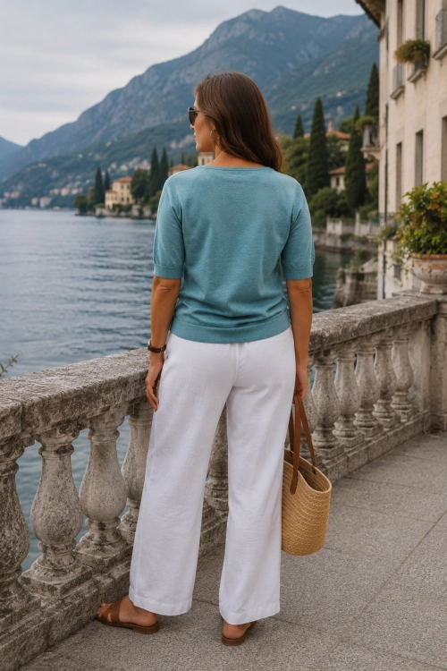 Niebieska bluzka dzianinowa V neck krótki rękaw casual Crodo