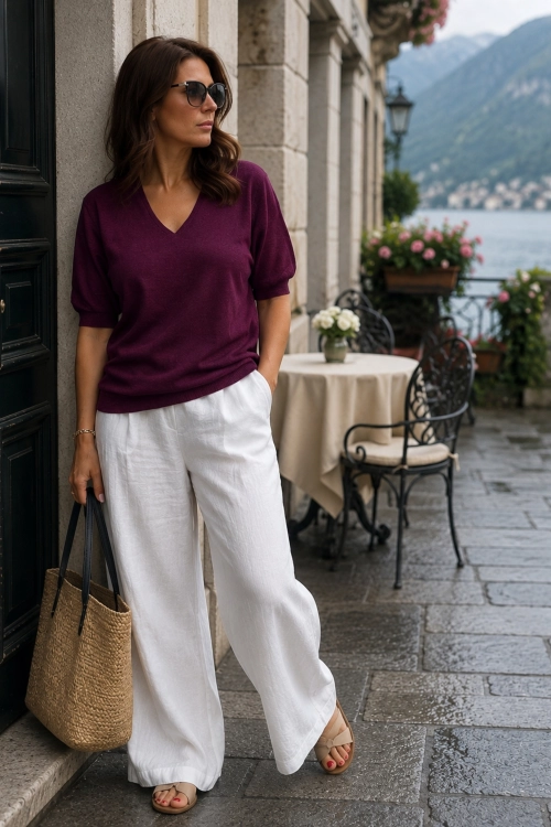 Figowa bluzka dzianinowa V neck krótki rękaw casual Crodo