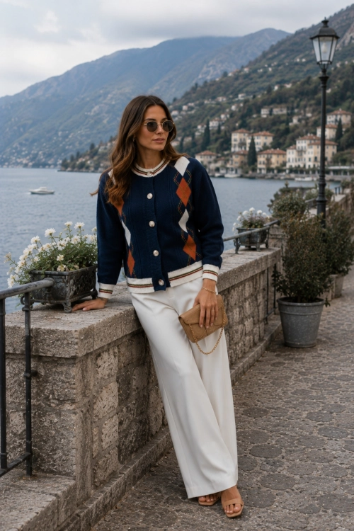Sweter damski granatowy w romby zapinany na guziki Valstrona