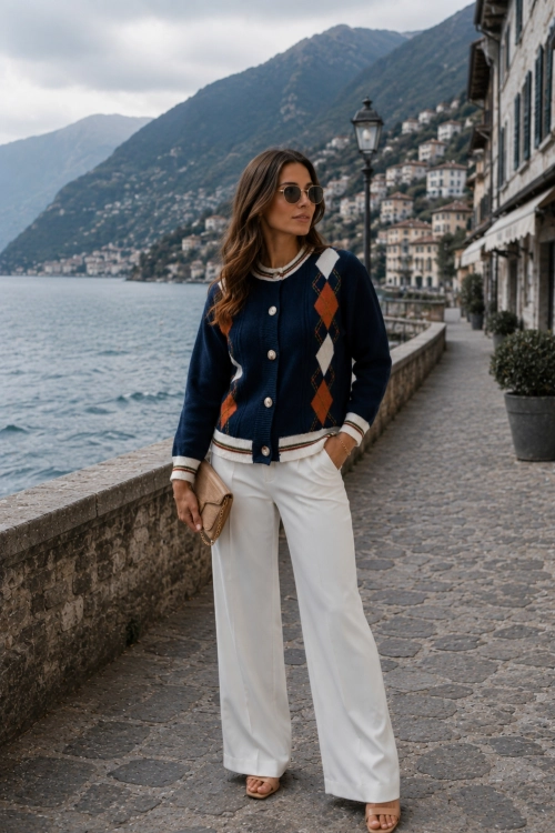 Sweter granatowy w romby na guziki Valstrona